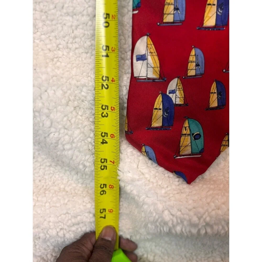 Mens Red Silk Necktie Nautical Sailboat Pattern Handmade‎ USA